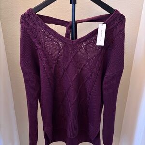 NWT Francesca's Deep Plum Cable V-Neck Sweater w/ Back Tie Cozy Size M